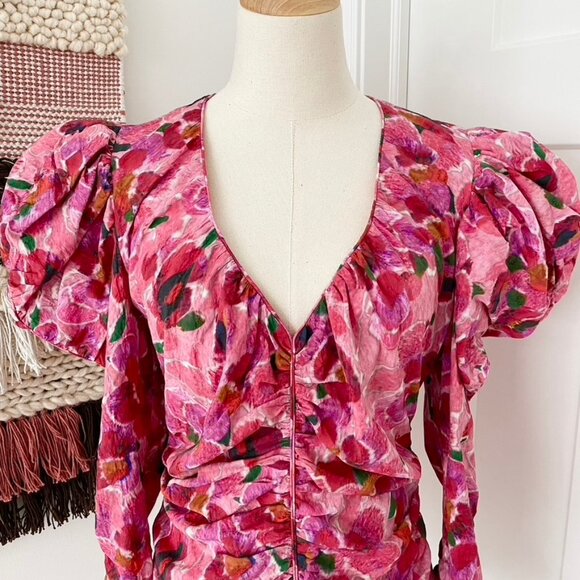 Isabel Marant Mirnao Floral Puff Sleeve Silk Blend Ruched Top Pink Size 8 NWT - Picture 3 of 12
